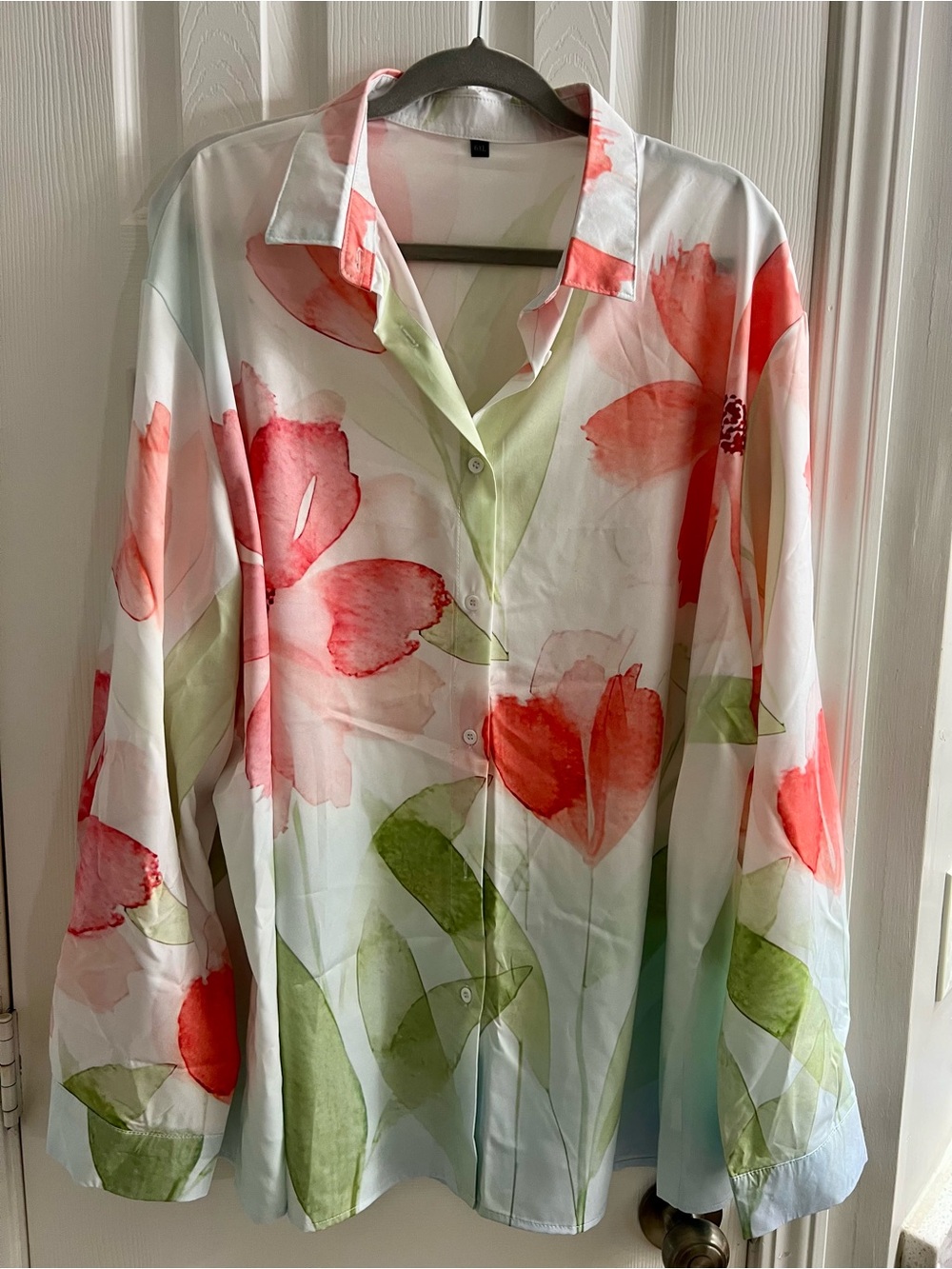 Floral Watercolor Button-Up Shirt - Coral & Green